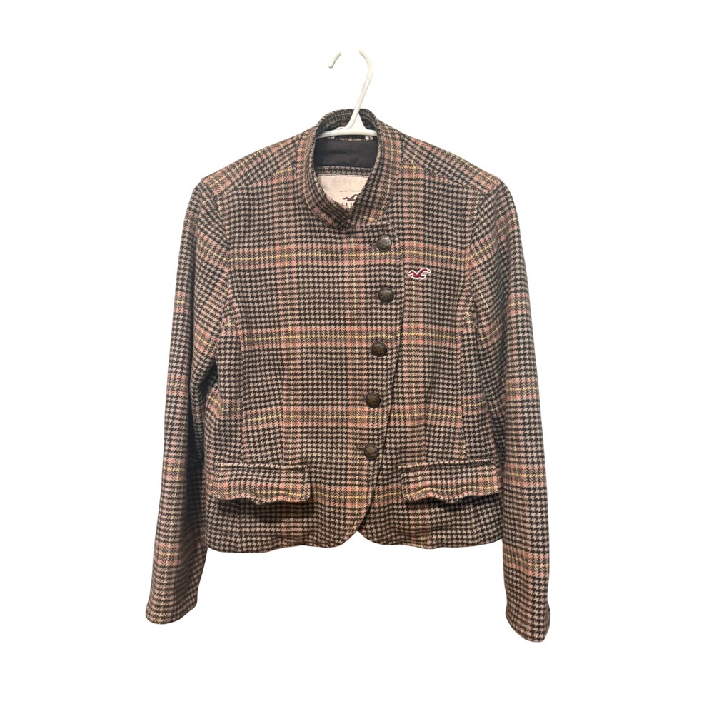 Hollister Jacket Houndstooth Wool Blend M Brown Pink Excellent Asymmetrical Posh
